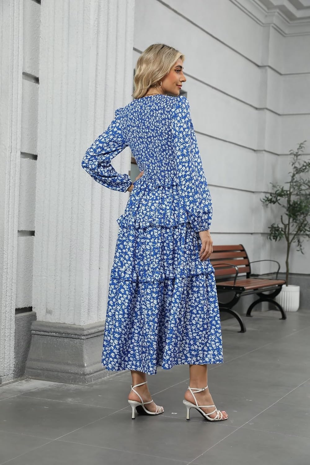 image:imageZAFUL Womens Fall Dresses Long Puff Sleeve Tiered Ruffled Flowy Maxi DressBlue