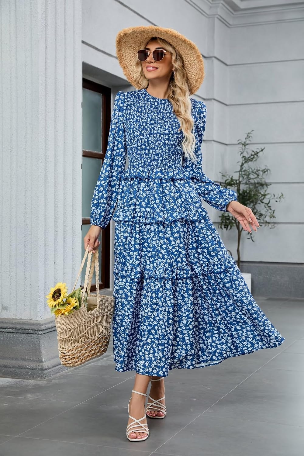 image:imageZAFUL Womens Fall Dresses Long Puff Sleeve Tiered Ruffled Flowy Maxi DressBlue