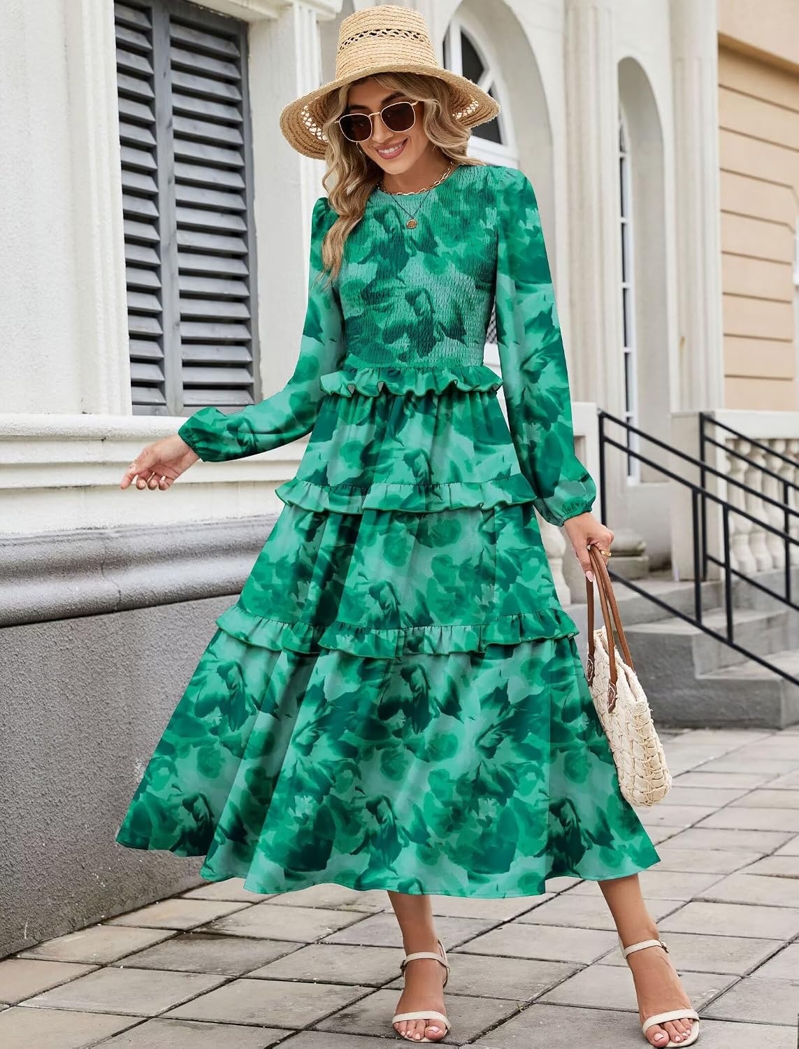 image:imageZAFUL Womens Fall Dresses Long Puff Sleeve Tiered Ruffled Flowy Maxi DressGreen Floral