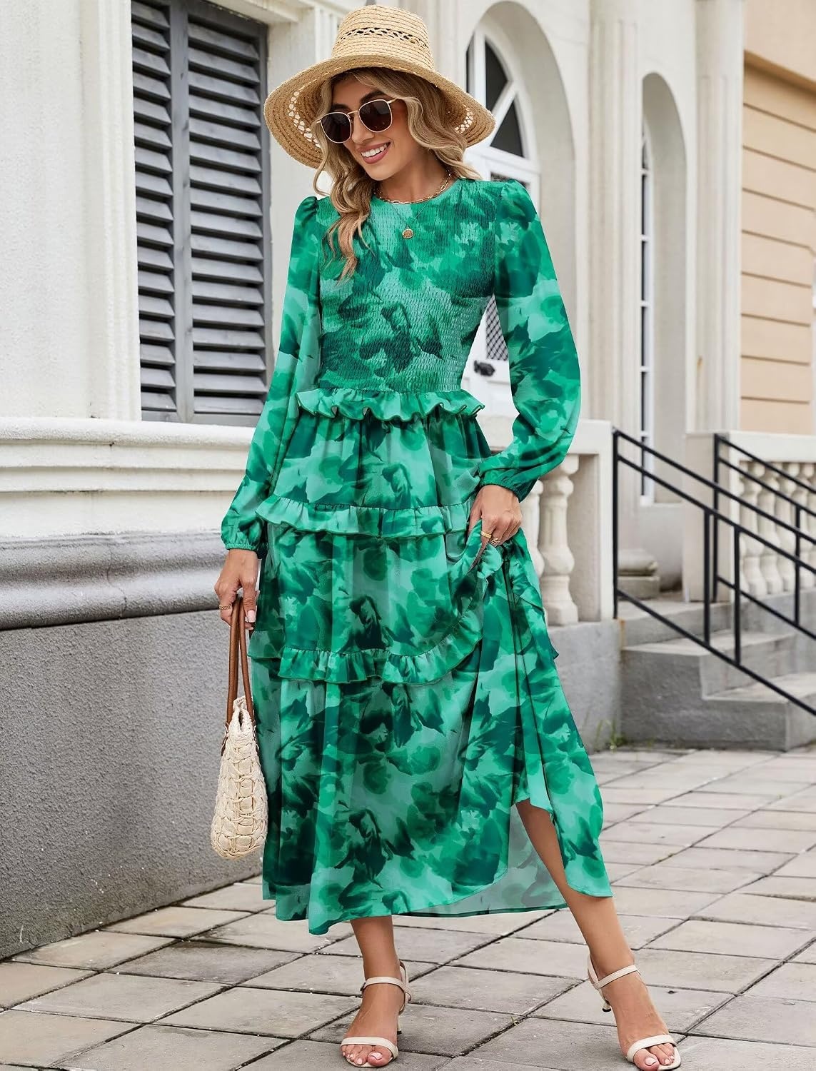 image:imageZAFUL Womens Fall Dresses Long Puff Sleeve Tiered Ruffled Flowy Maxi DressGreen Floral