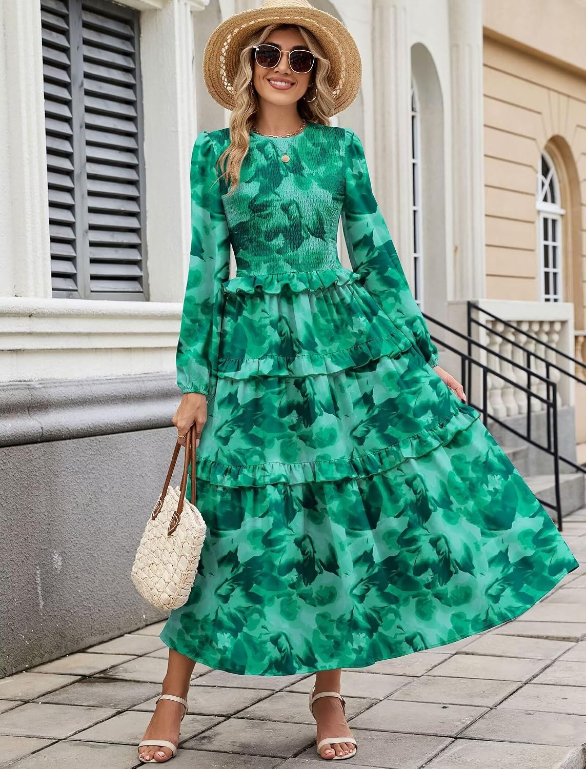 image:imageZAFUL Womens Fall Dresses Long Puff Sleeve Tiered Ruffled Flowy Maxi DressGreen Floral