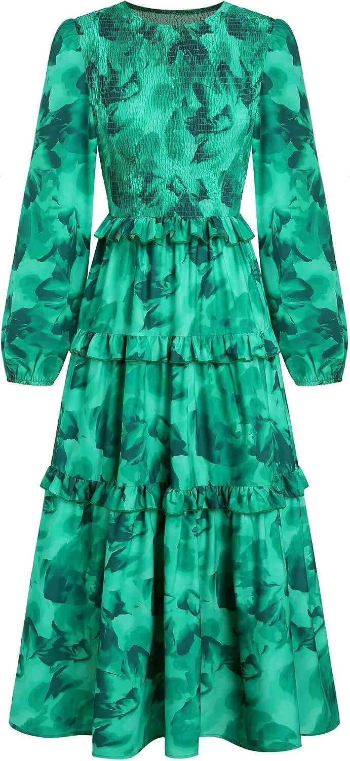 image:imageZAFUL Womens Fall Dresses Long Puff Sleeve Tiered Ruffled Flowy Maxi DressGreen Floral