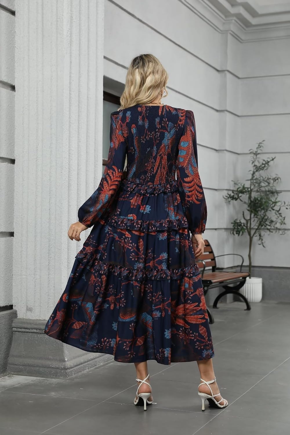 image:imageZAFUL Womens Fall Dresses Long Puff Sleeve Tiered Ruffled Flowy Maxi DressNavy