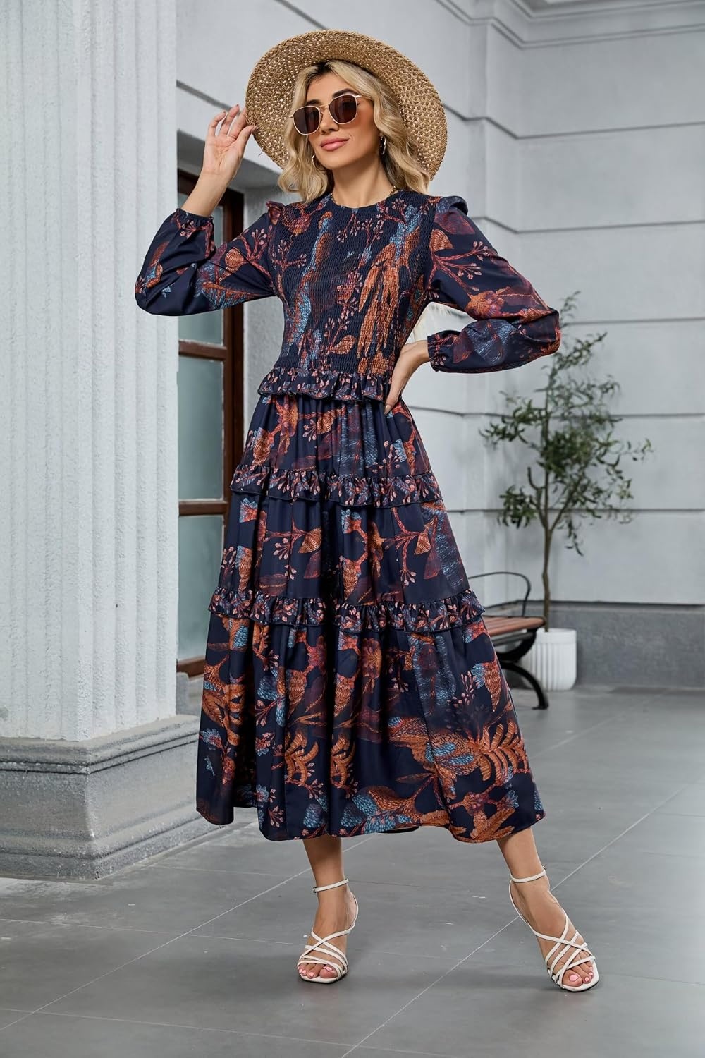 image:imageZAFUL Womens Fall Dresses Long Puff Sleeve Tiered Ruffled Flowy Maxi DressNavy
