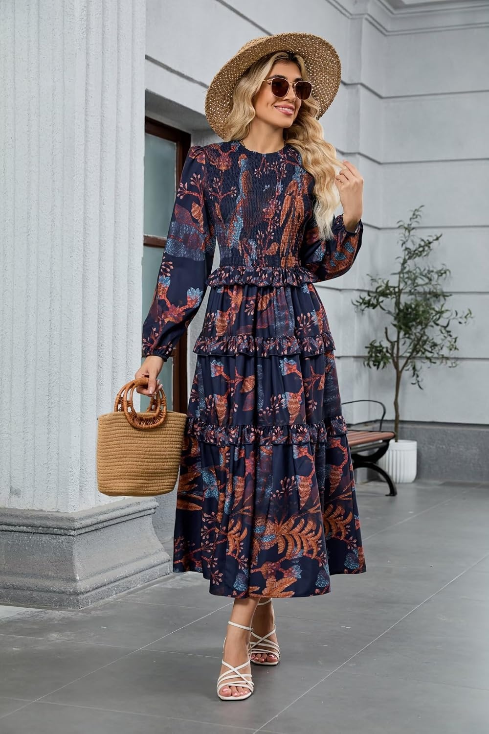 image:imageZAFUL Womens Fall Dresses Long Puff Sleeve Tiered Ruffled Flowy Maxi DressNavy
