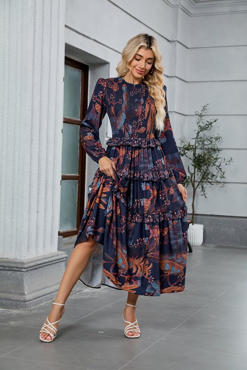 image:imageZAFUL Womens Fall Dresses Long Puff Sleeve Tiered Ruffled Flowy Maxi DressNavy