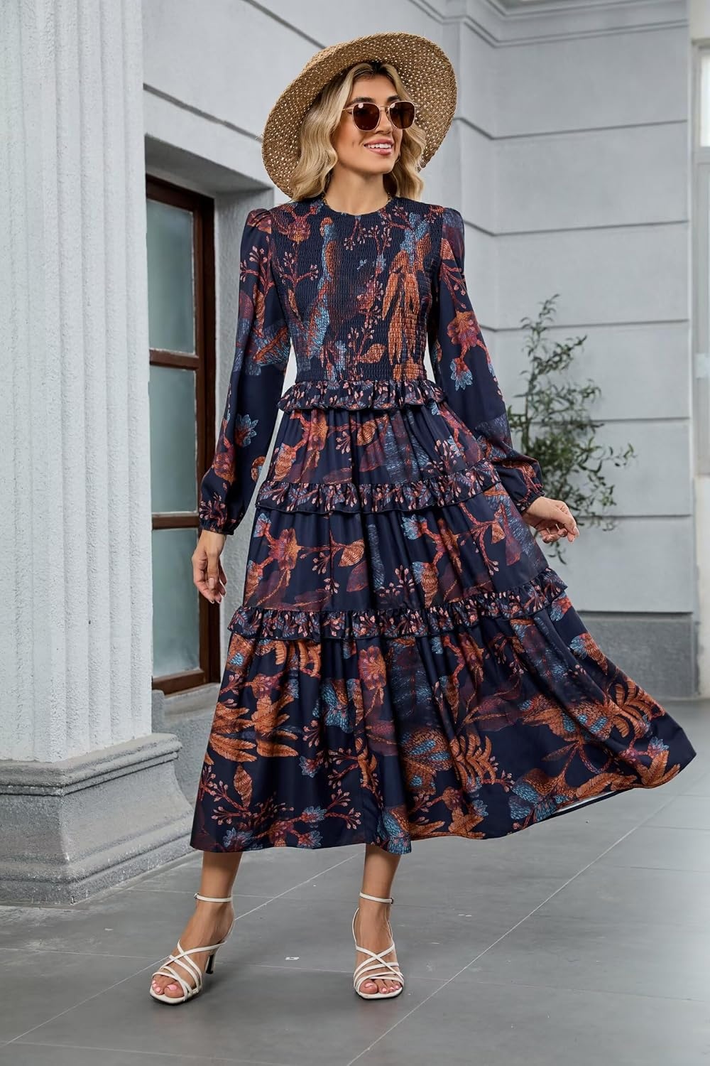 image:imageZAFUL Womens Fall Dresses Long Puff Sleeve Tiered Ruffled Flowy Maxi DressNavy
