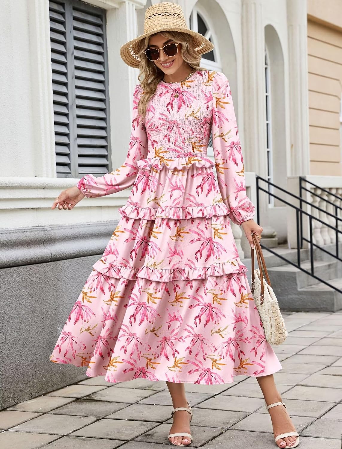 image:imageZAFUL Womens Fall Dresses Long Puff Sleeve Tiered Ruffled Flowy Maxi DressPink Floral