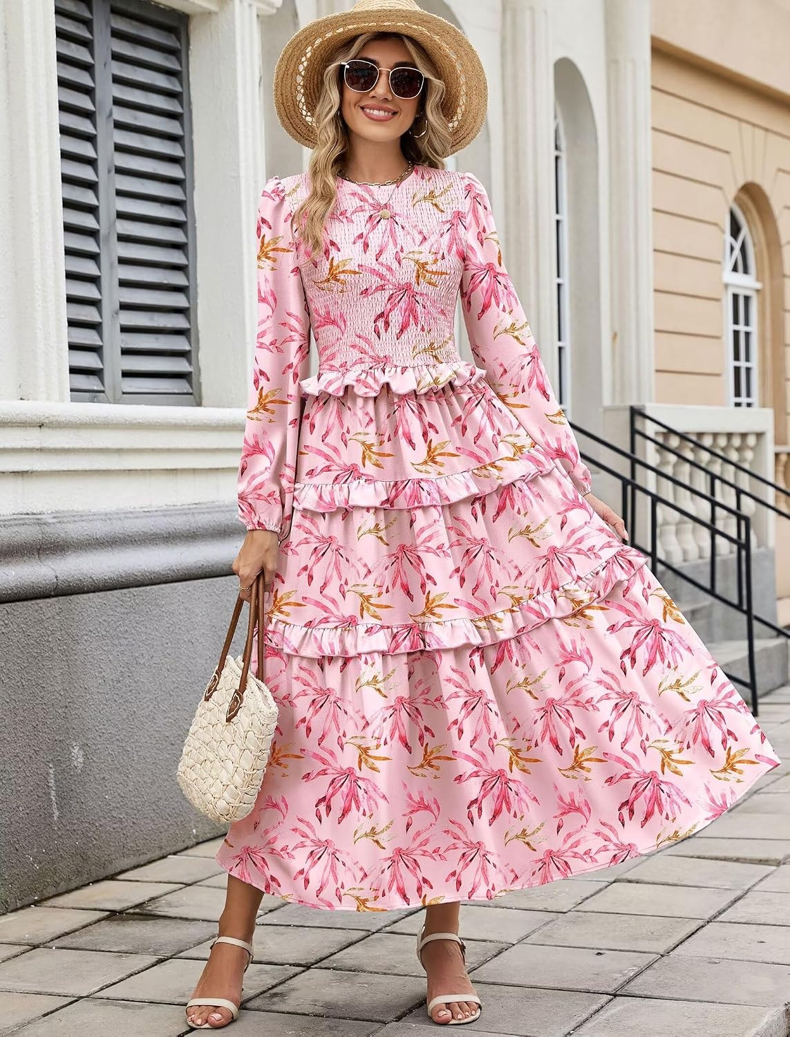 image:imageZAFUL Womens Fall Dresses Long Puff Sleeve Tiered Ruffled Flowy Maxi DressPink Floral