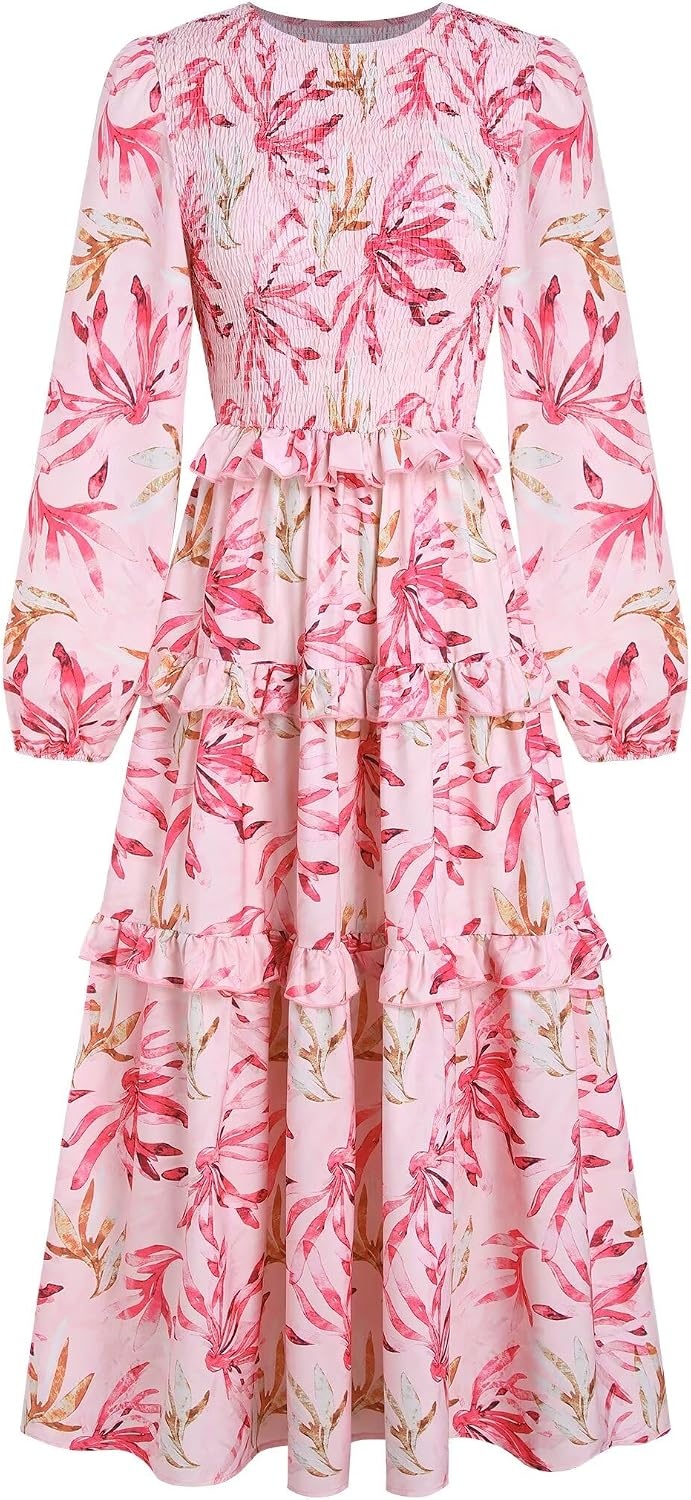 image:imageZAFUL Womens Fall Dresses Long Puff Sleeve Tiered Ruffled Flowy Maxi DressPink Floral