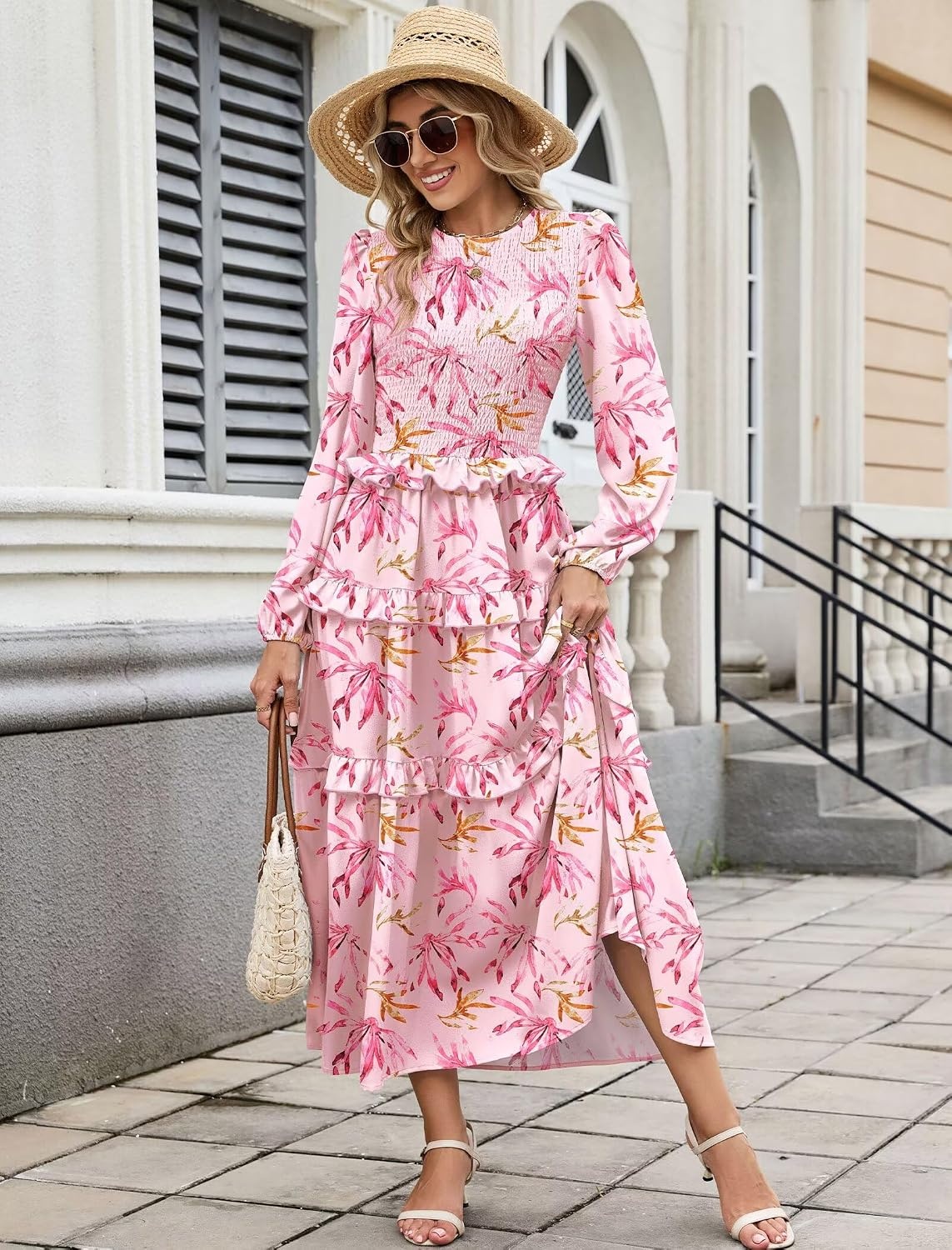 image:imageZAFUL Womens Fall Dresses Long Puff Sleeve Tiered Ruffled Flowy Maxi DressPink Floral