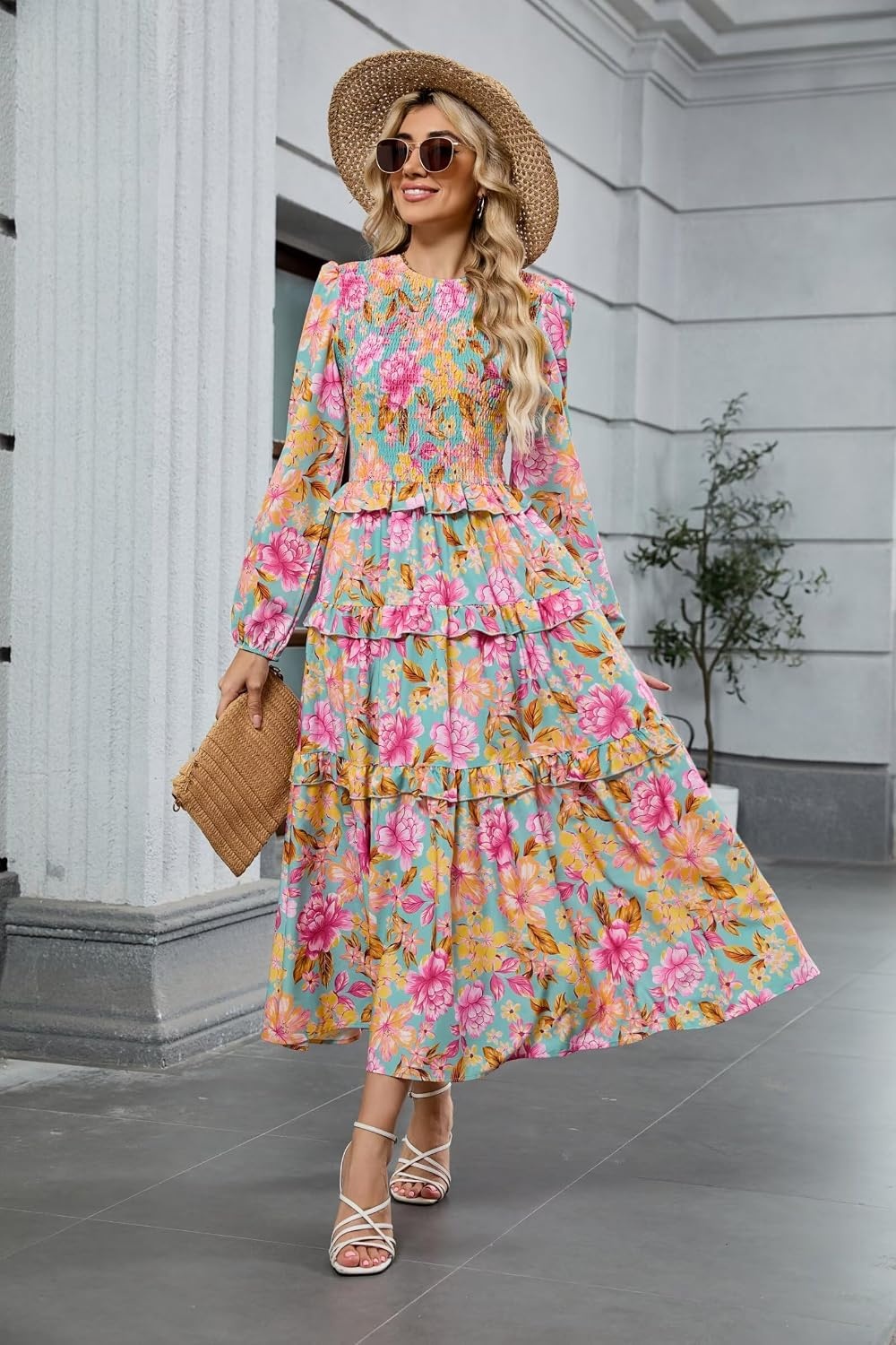 image:imageZAFUL Womens Fall Dresses Long Puff Sleeve Tiered Ruffled Flowy Maxi DressPink Green