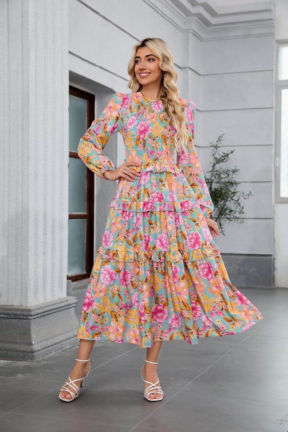 image:imageZAFUL Womens Fall Dresses Long Puff Sleeve Tiered Ruffled Flowy Maxi DressPink Green