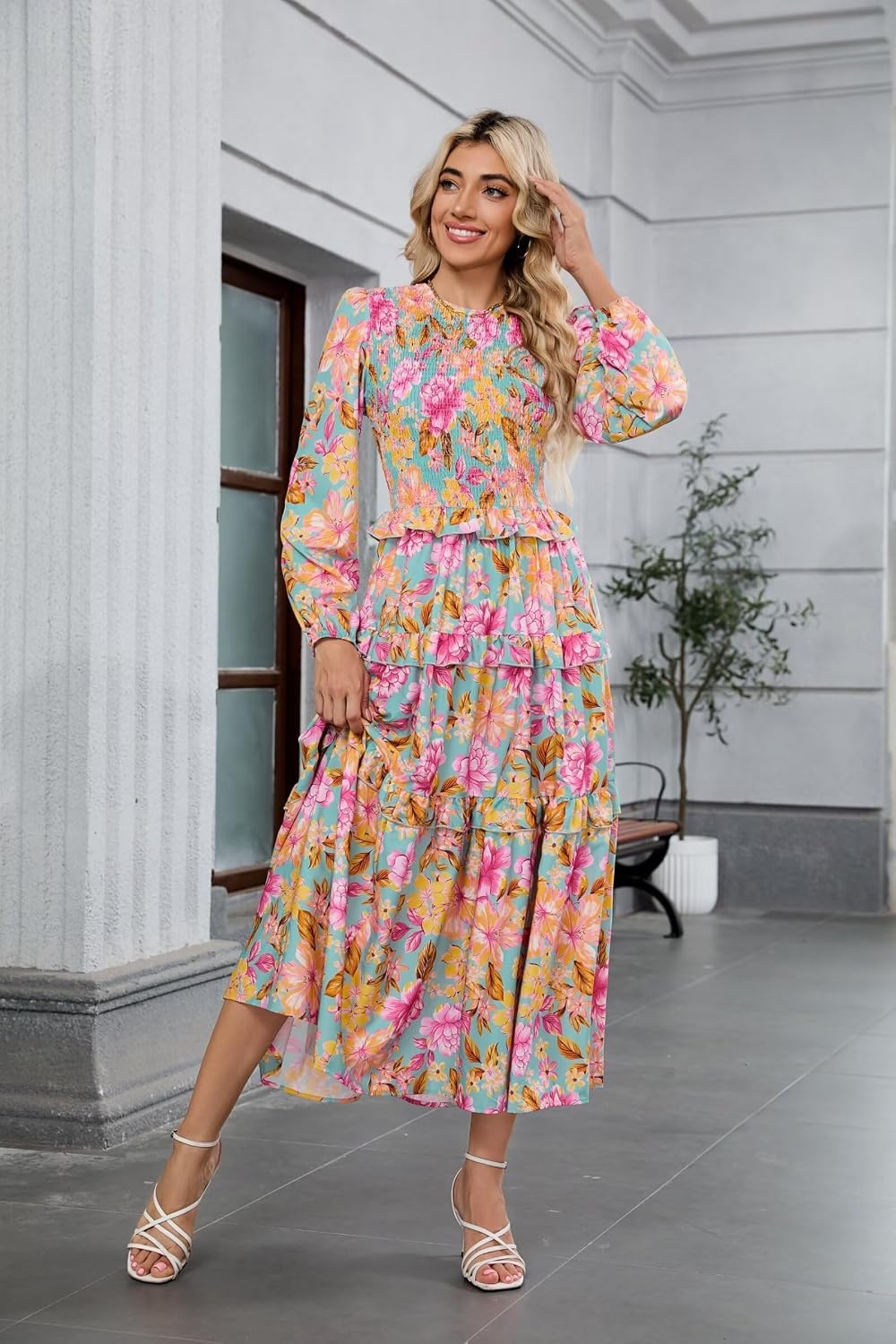 image:imageZAFUL Womens Fall Dresses Long Puff Sleeve Tiered Ruffled Flowy Maxi DressPink Green