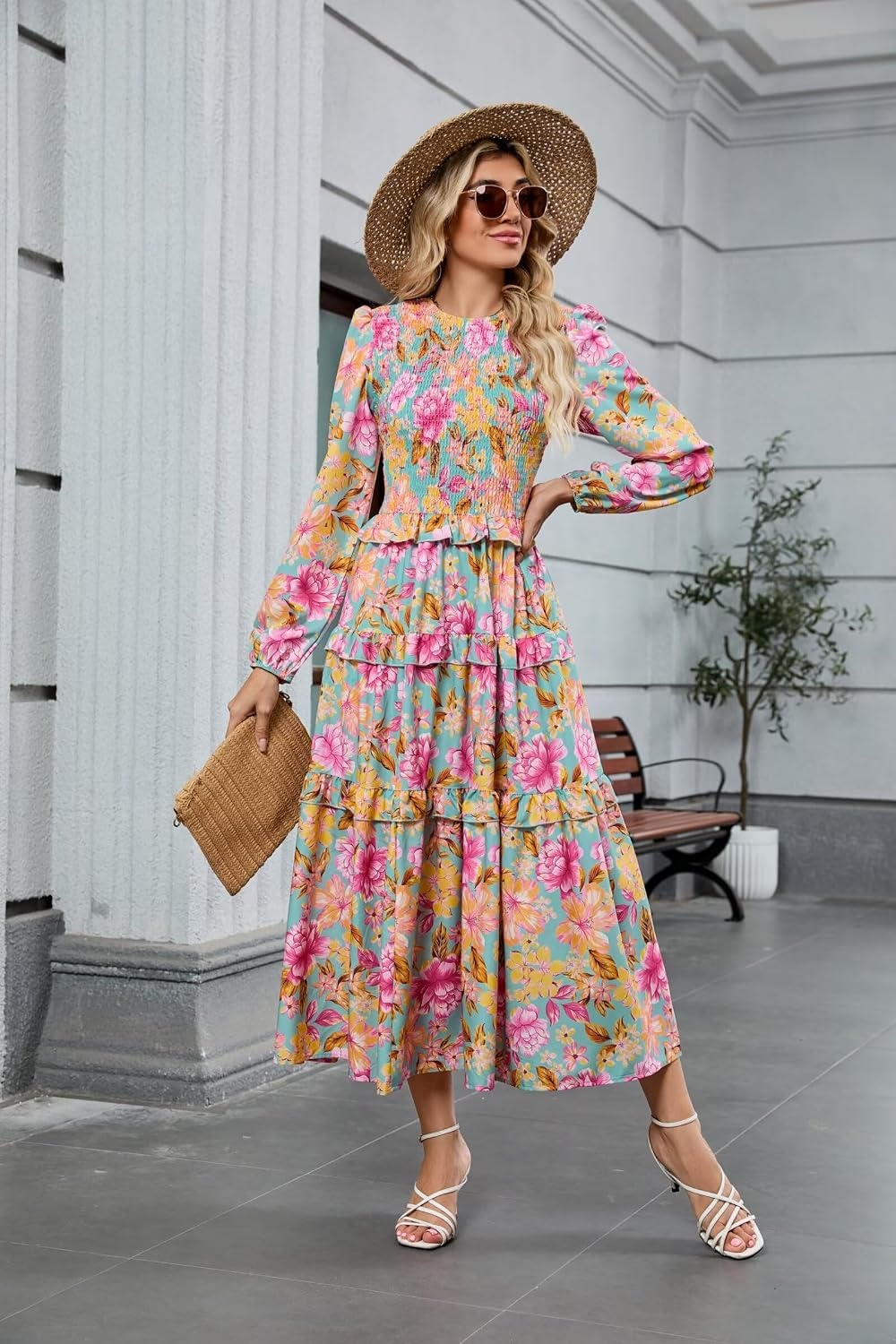 image:imageZAFUL Womens Fall Dresses Long Puff Sleeve Tiered Ruffled Flowy Maxi DressPink Green