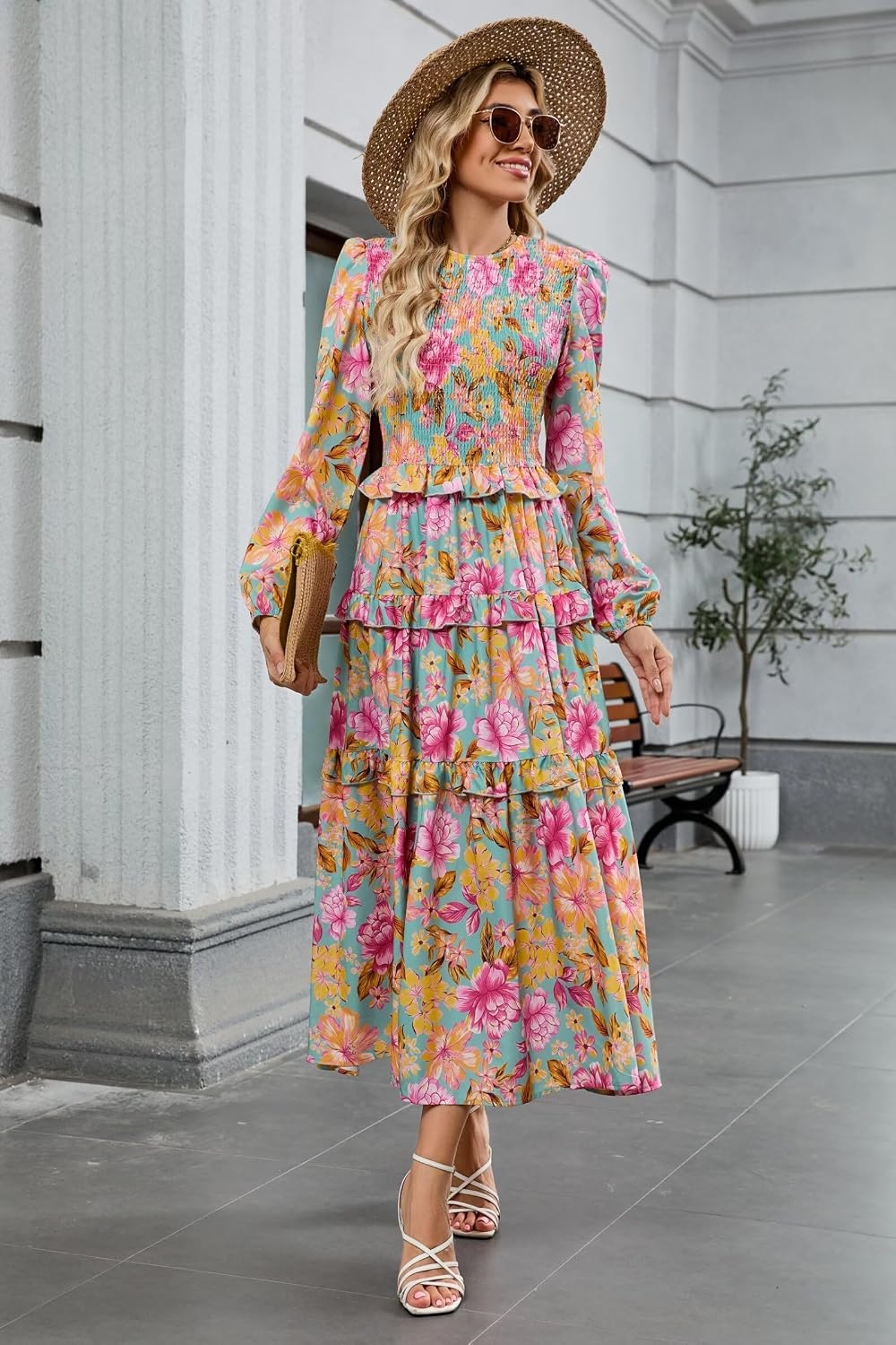image:imageZAFUL Womens Fall Dresses Long Puff Sleeve Tiered Ruffled Flowy Maxi DressPink Green