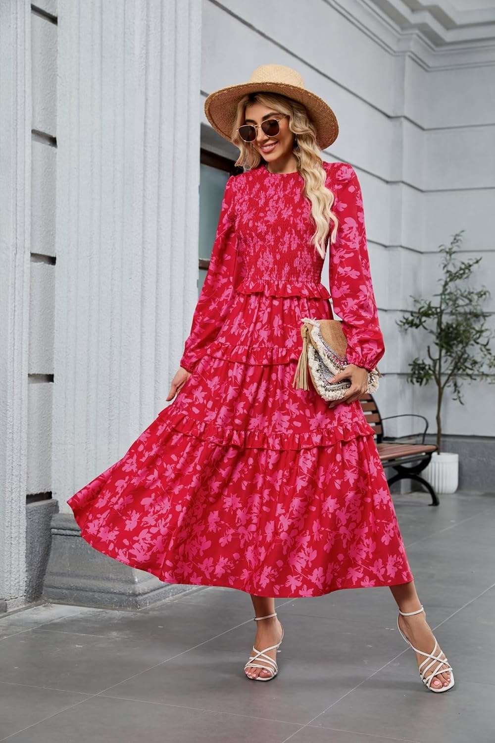 image:imageZAFUL Womens Fall Dresses Long Puff Sleeve Tiered Ruffled Flowy Maxi DressRed