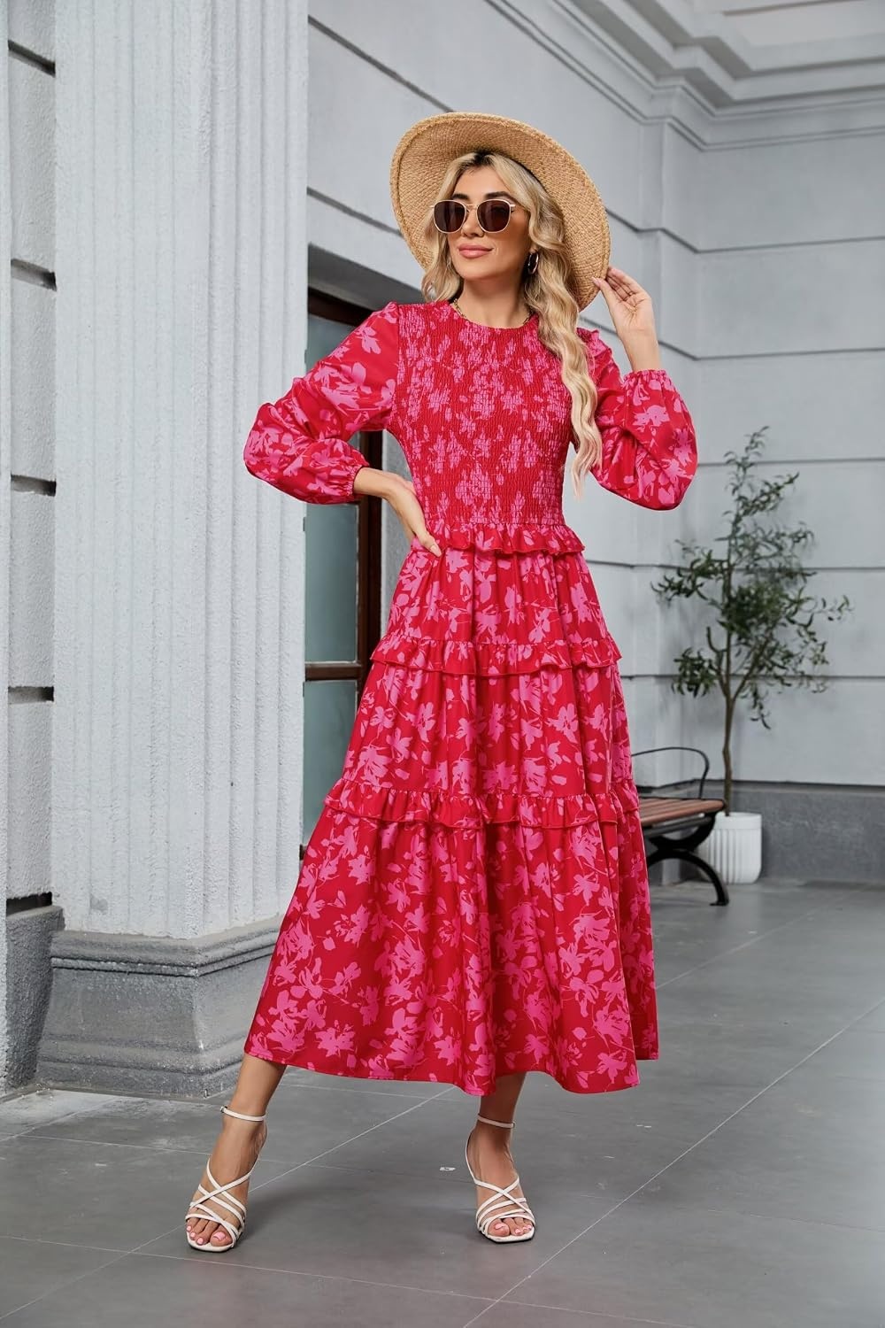 image:imageZAFUL Womens Fall Dresses Long Puff Sleeve Tiered Ruffled Flowy Maxi DressRed