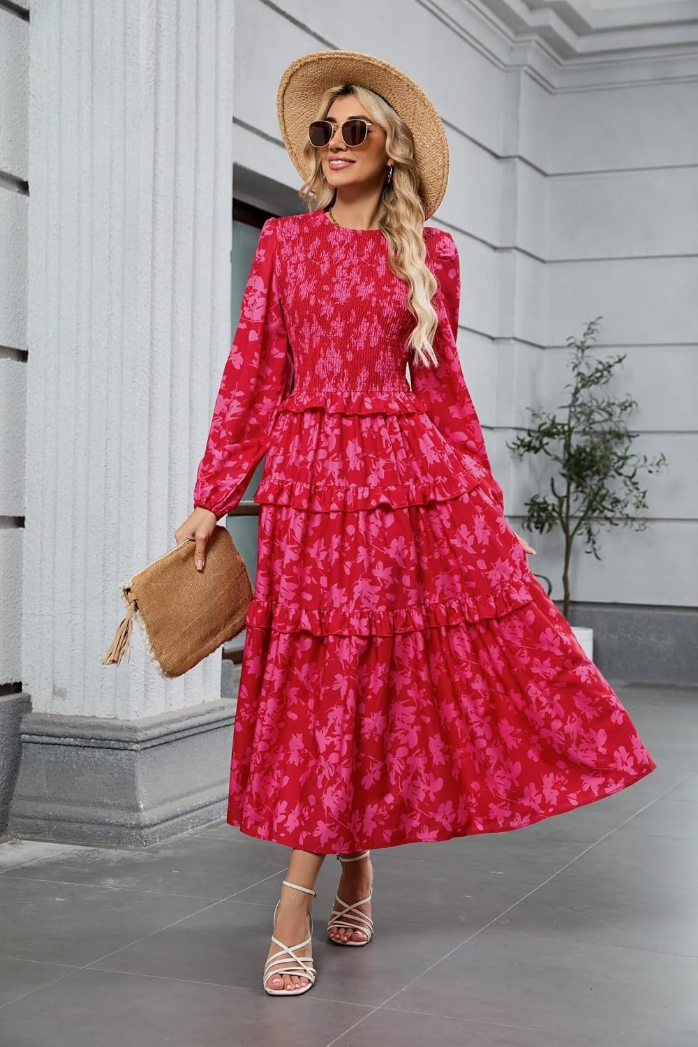 image:imageZAFUL Womens Fall Dresses Long Puff Sleeve Tiered Ruffled Flowy Maxi DressRed