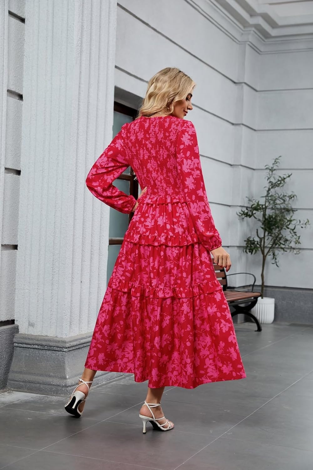 image:imageZAFUL Womens Fall Dresses Long Puff Sleeve Tiered Ruffled Flowy Maxi DressRed