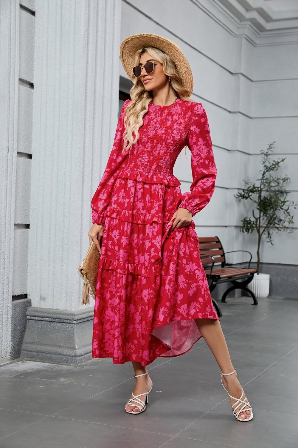 image:imageZAFUL Womens Fall Dresses Long Puff Sleeve Tiered Ruffled Flowy Maxi DressRed