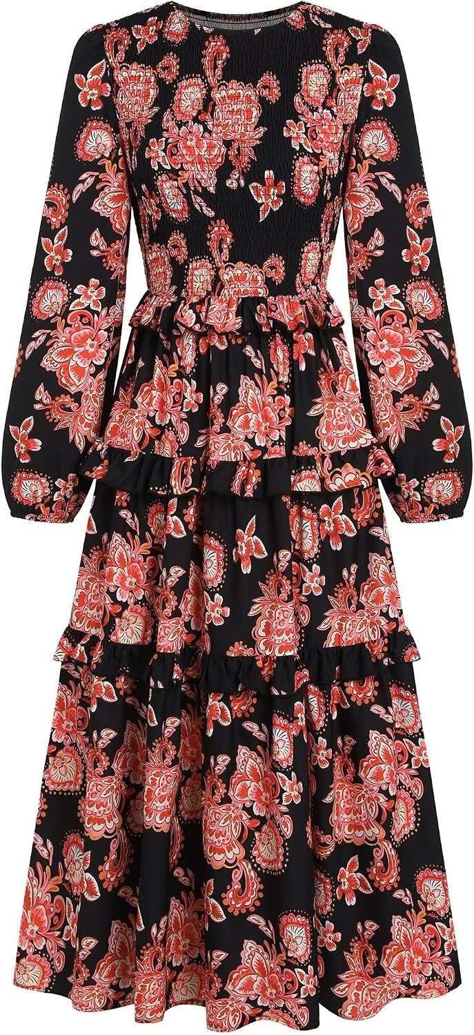 image:imageZAFUL Womens Fall Dresses Long Puff Sleeve Tiered Ruffled Flowy Maxi DressRed Black Floral