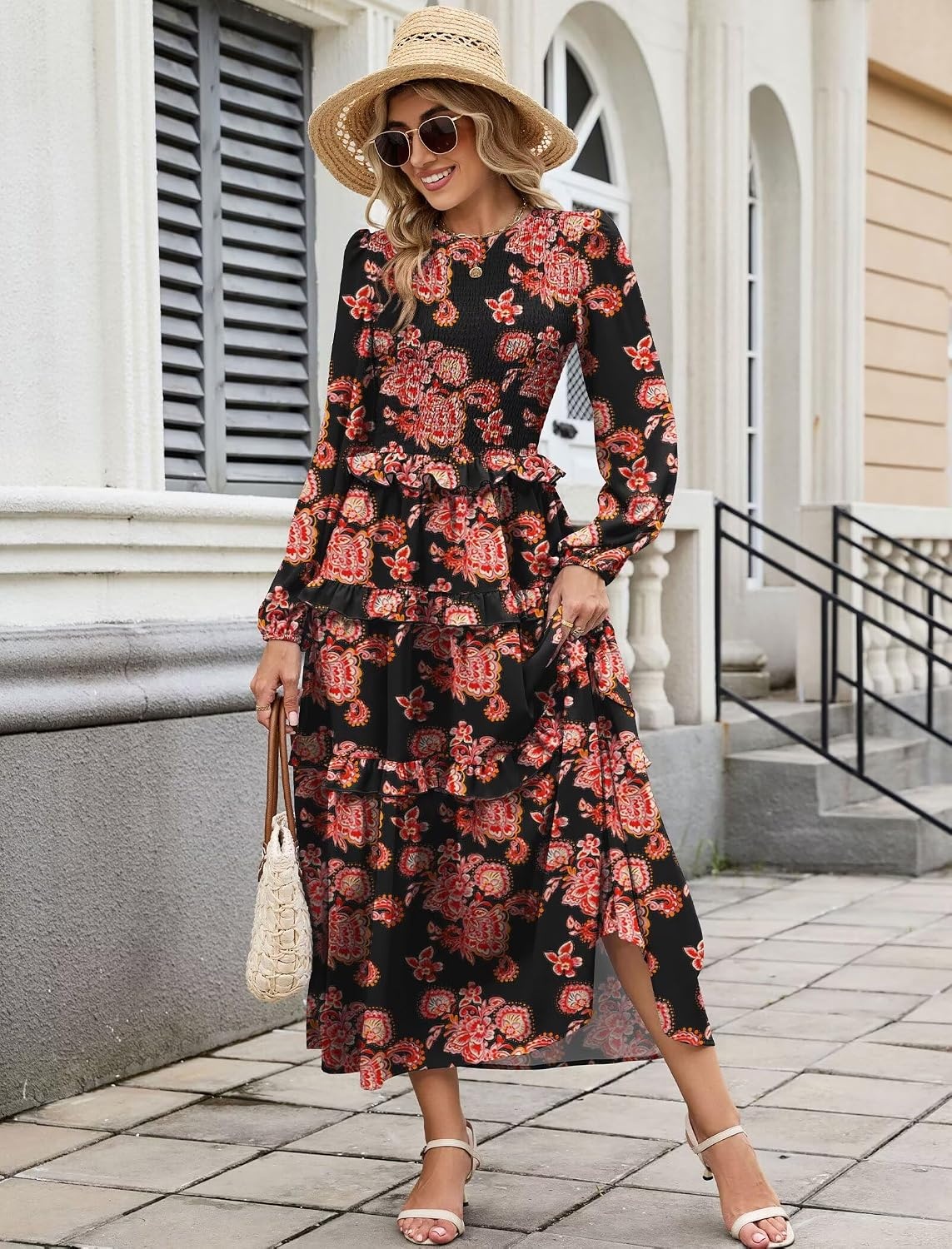 image:imageZAFUL Womens Fall Dresses Long Puff Sleeve Tiered Ruffled Flowy Maxi DressRed Black Floral