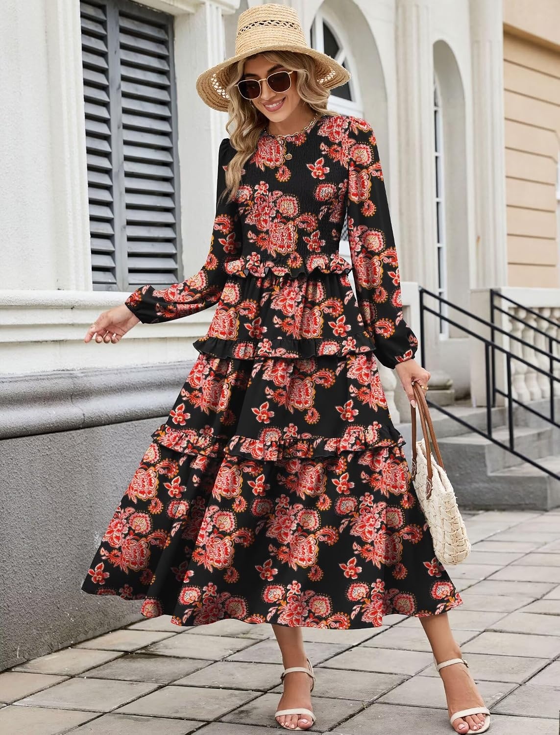 image:imageZAFUL Womens Fall Dresses Long Puff Sleeve Tiered Ruffled Flowy Maxi DressRed Black Floral