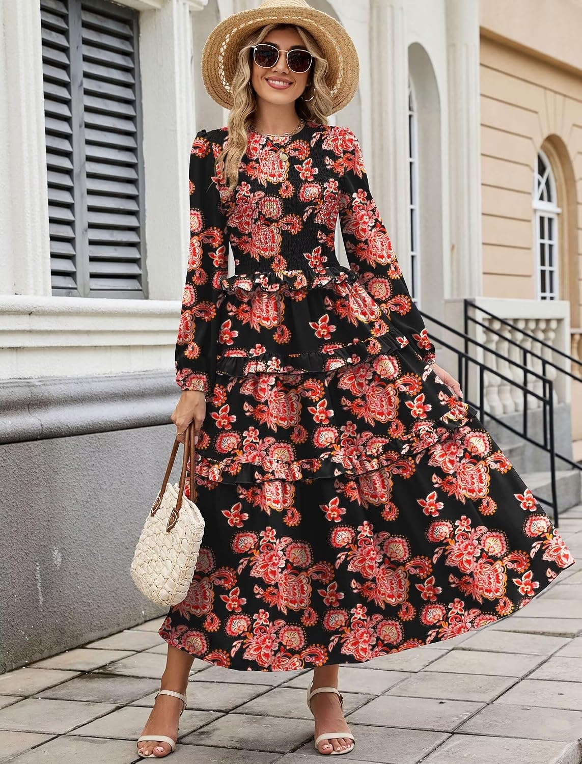 image:imageZAFUL Womens Fall Dresses Long Puff Sleeve Tiered Ruffled Flowy Maxi DressRed Black Floral