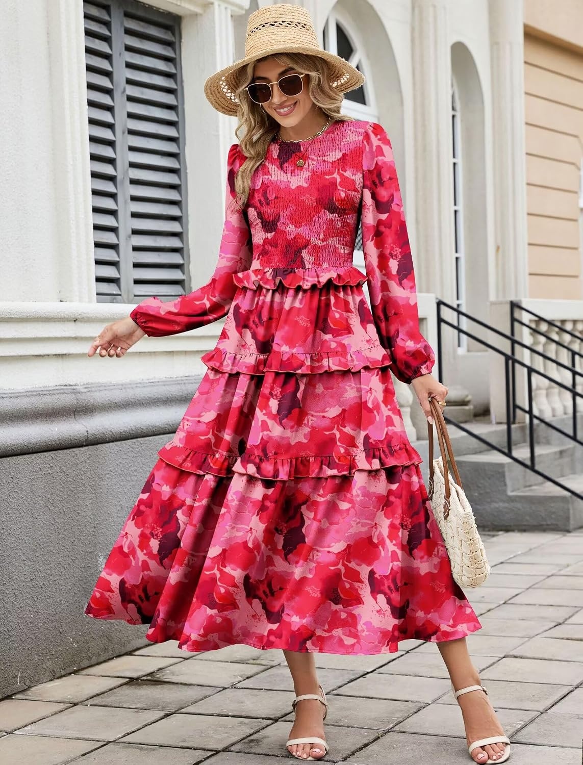 image:imageZAFUL Womens Fall Dresses Long Puff Sleeve Tiered Ruffled Flowy Maxi DressRed Floral