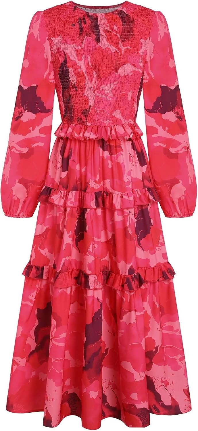 image:imageZAFUL Womens Fall Dresses Long Puff Sleeve Tiered Ruffled Flowy Maxi DressRed Floral