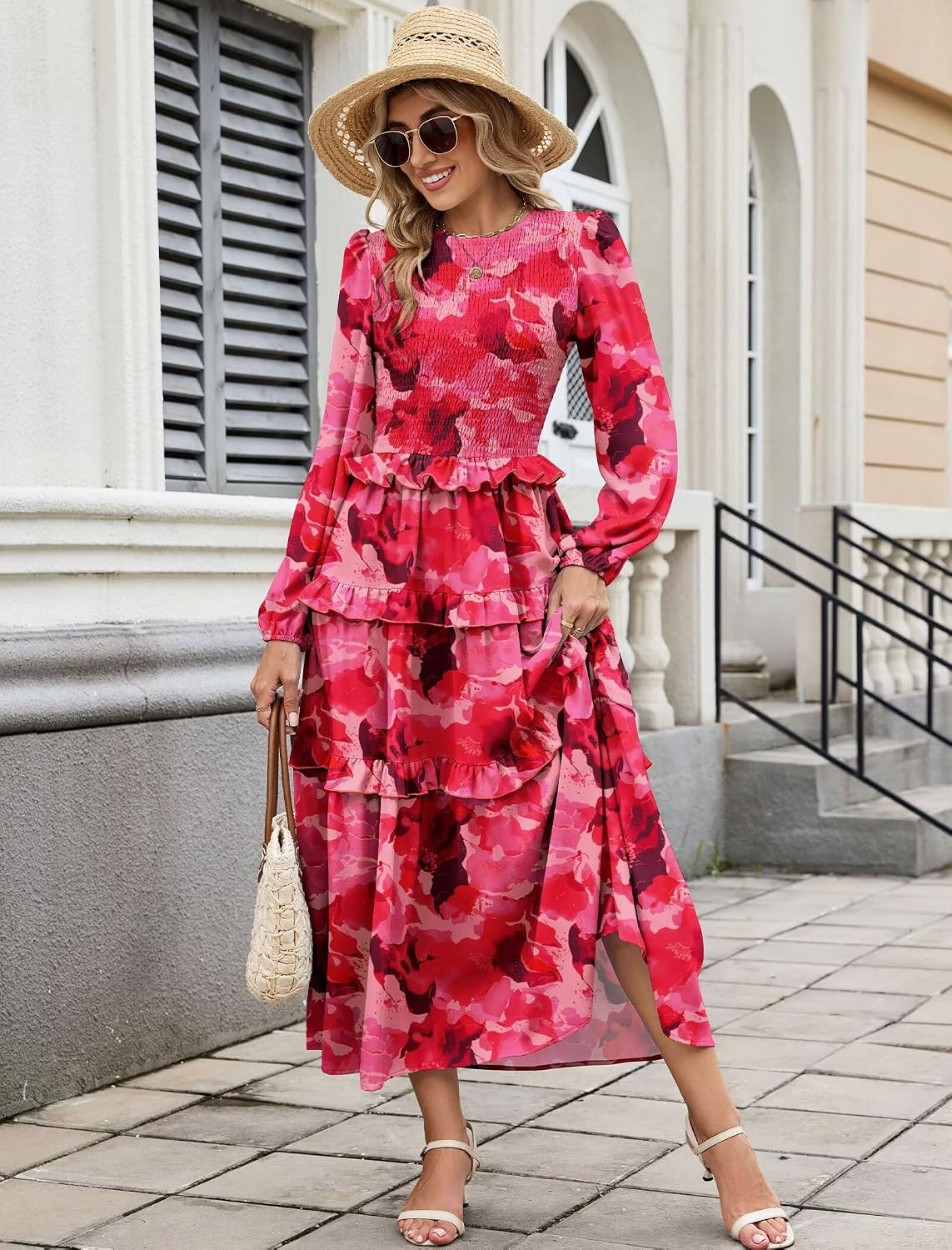 image:imageZAFUL Womens Fall Dresses Long Puff Sleeve Tiered Ruffled Flowy Maxi DressRed Floral