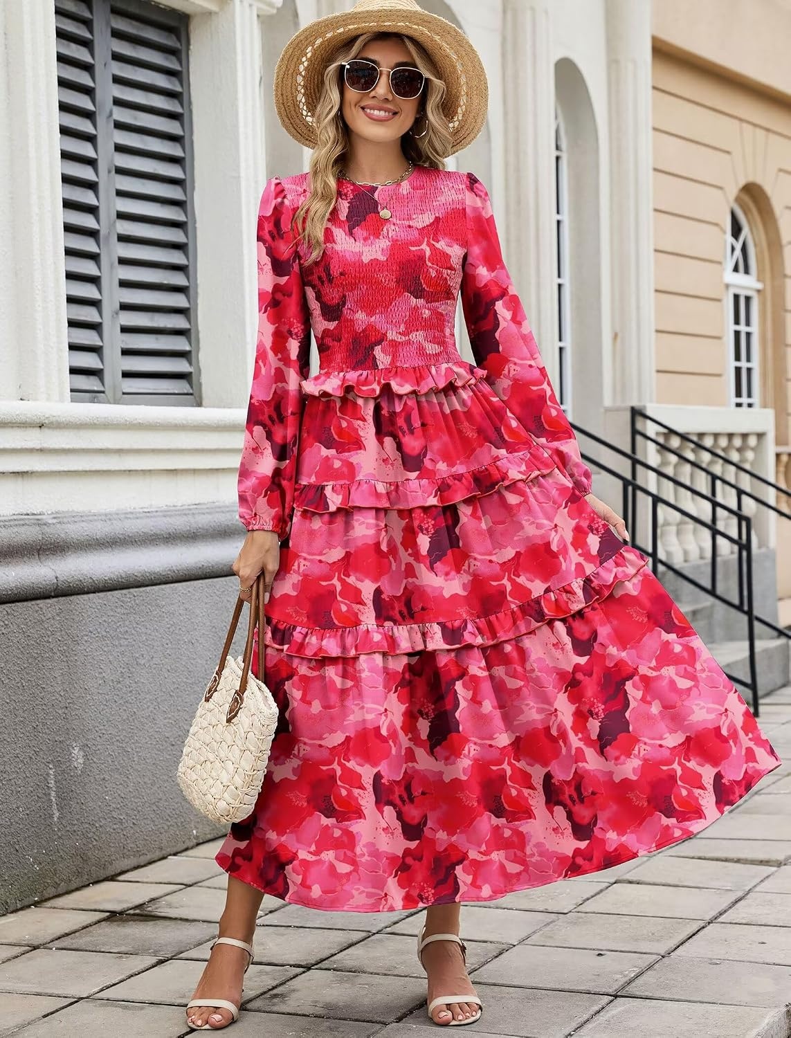 image:imageZAFUL Womens Fall Dresses Long Puff Sleeve Tiered Ruffled Flowy Maxi DressRed Floral