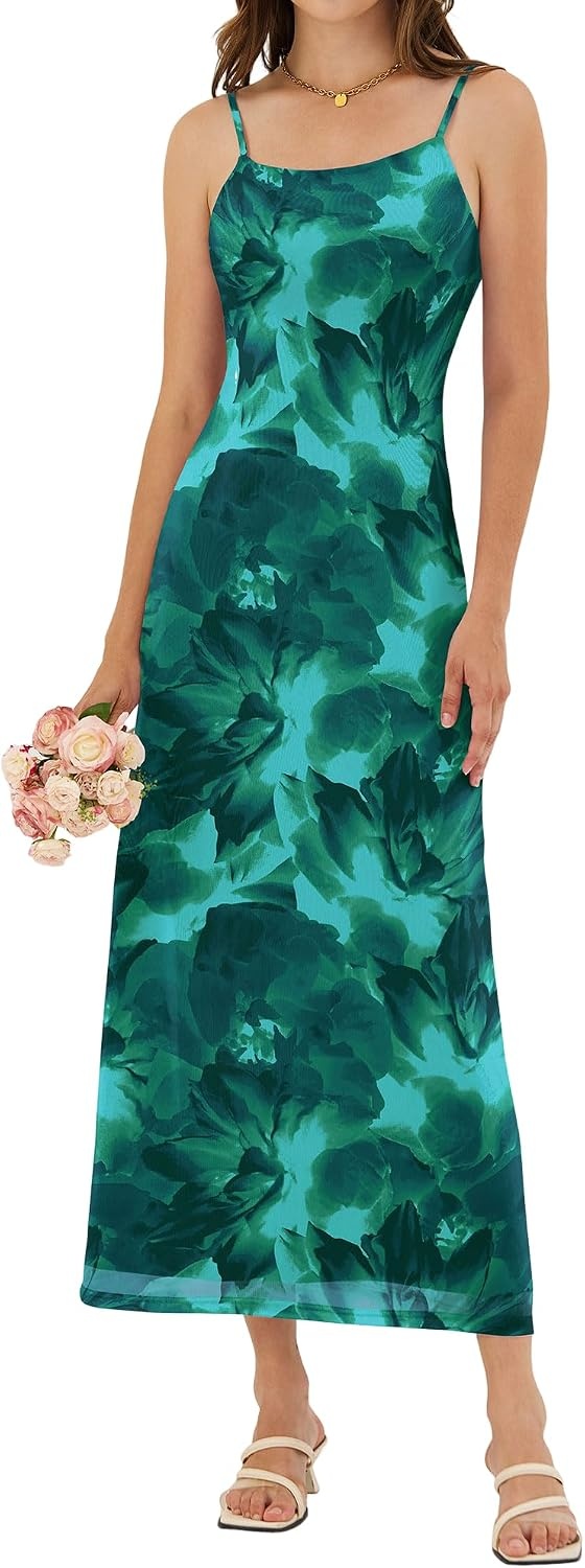 image:imageZAFUL Womens Fall Maxi Dress Mesh A Line Dresses Beach Slip Long SundressGreen