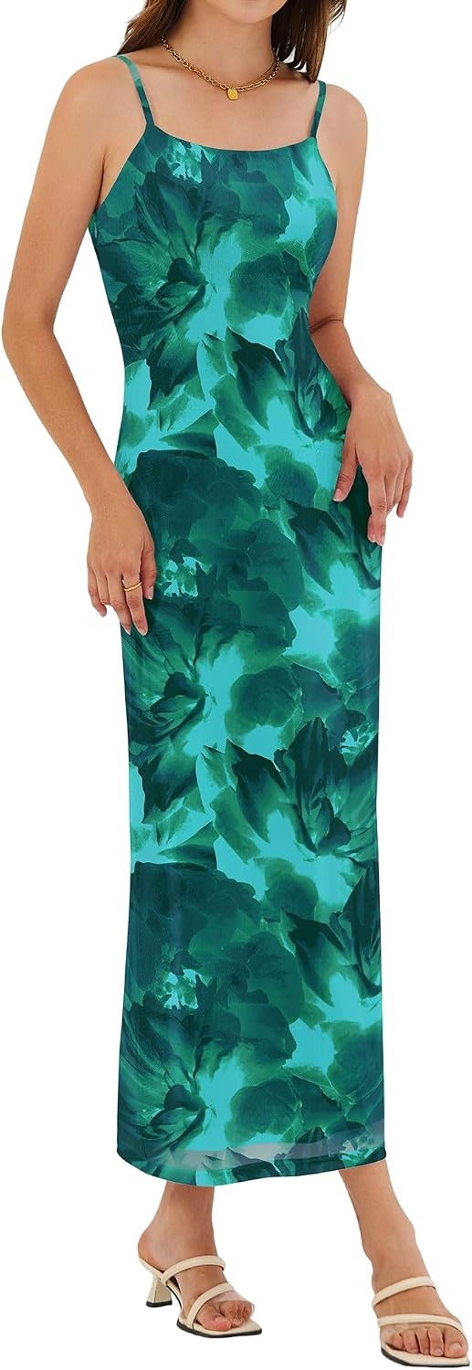 image:imageZAFUL Womens Fall Maxi Dress Mesh A Line Dresses Beach Slip Long SundressGreen