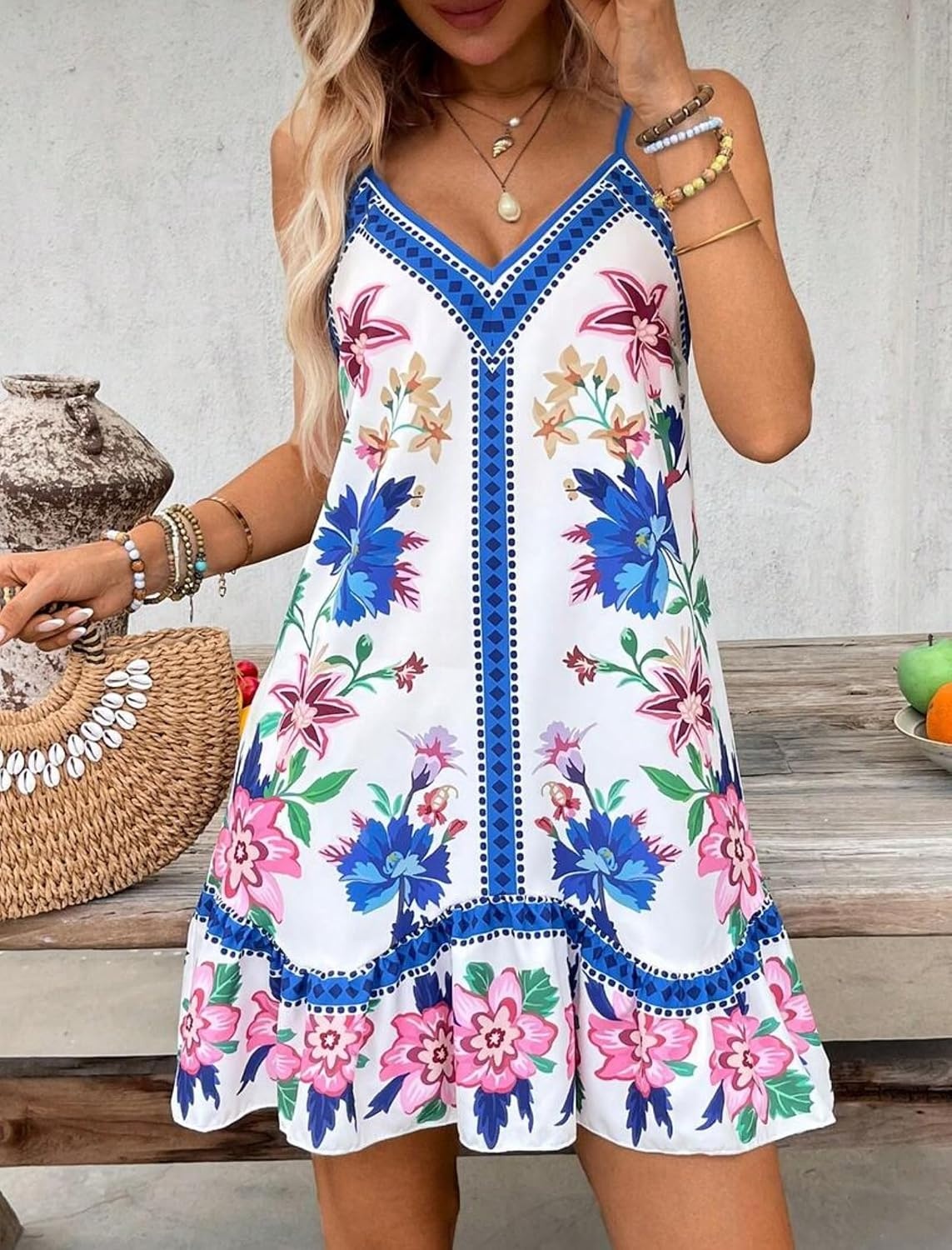image:imageZAFUL Womens Floral Print Spaghetti Strap V Neck Boho Cami DressesBlue