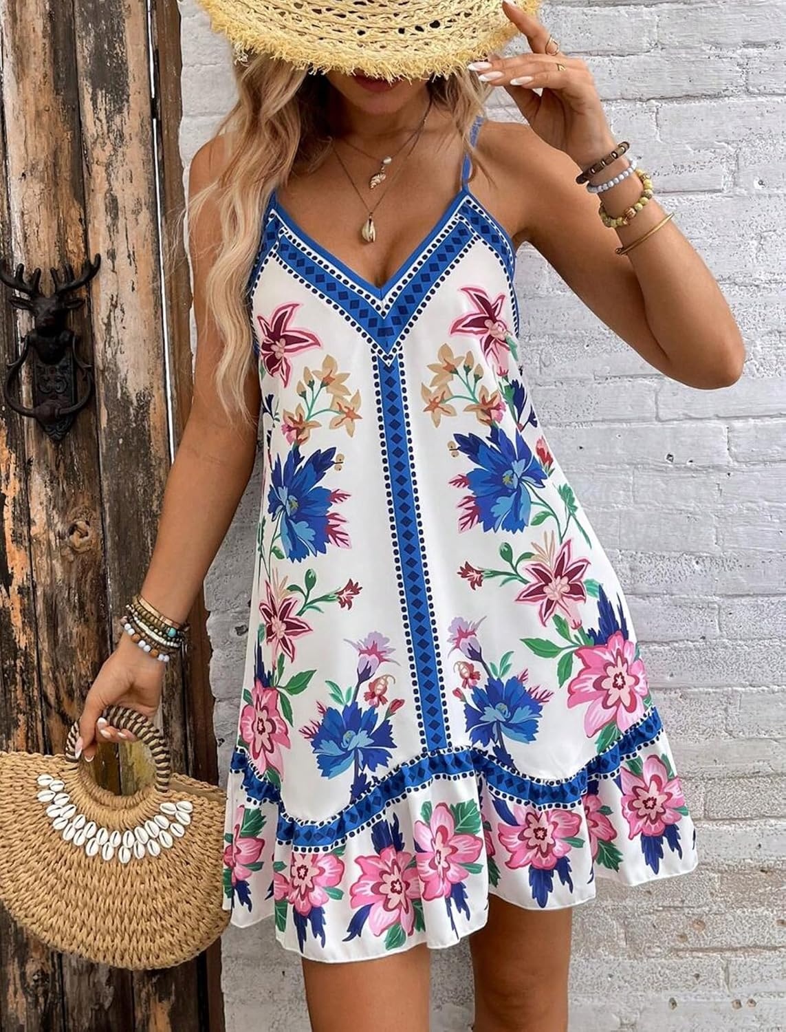 image:imageZAFUL Womens Floral Print Spaghetti Strap V Neck Boho Cami DressesBlue