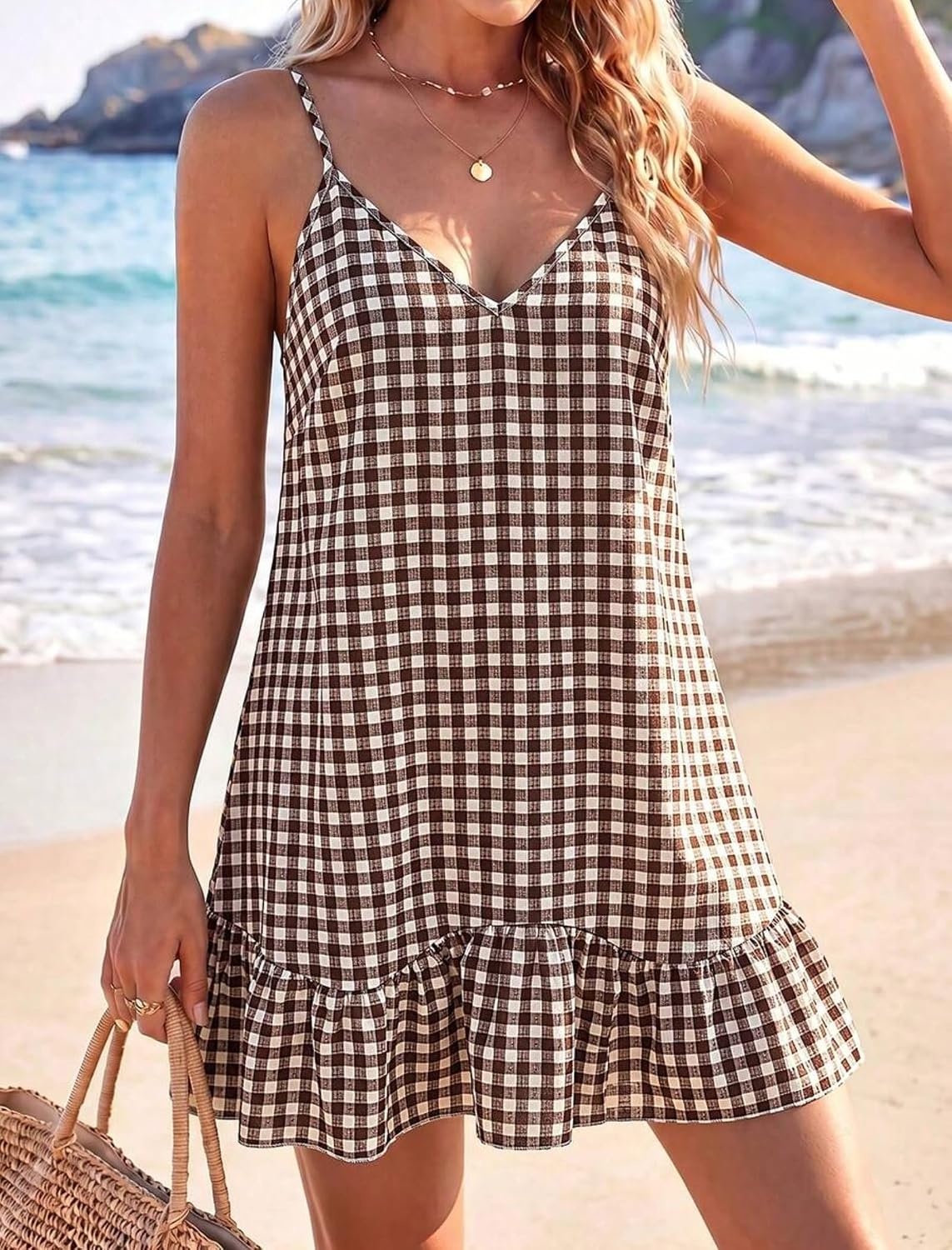 image:imageZAFUL Womens Floral Print Spaghetti Strap V Neck Boho Cami DressesBrown