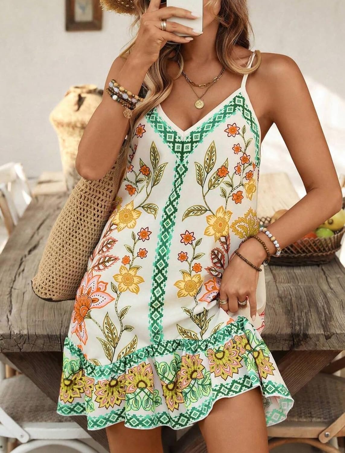 image:imageZAFUL Womens Floral Print Spaghetti Strap V Neck Boho Cami DressesGreen