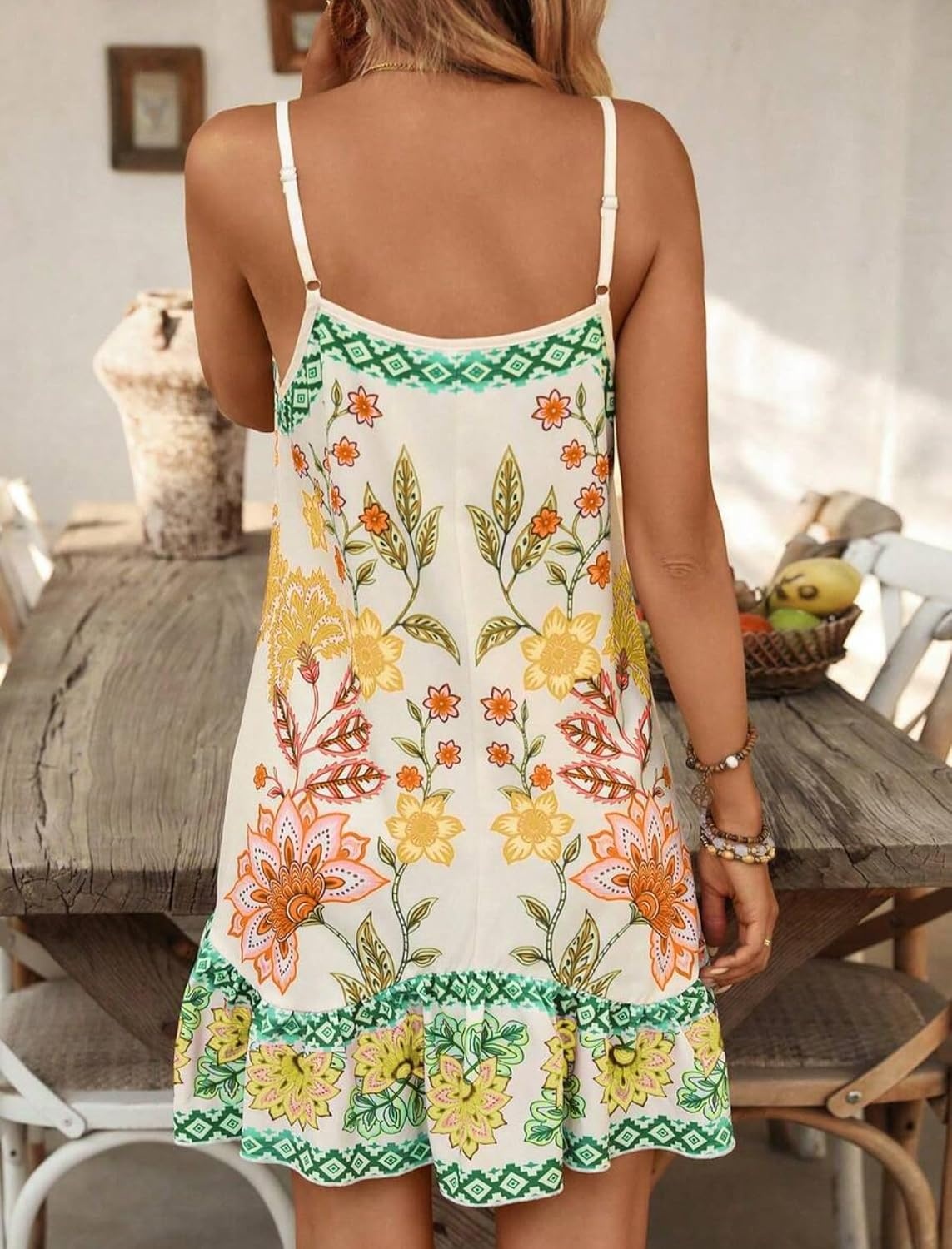 image:imageZAFUL Womens Floral Print Spaghetti Strap V Neck Boho Cami DressesGreen