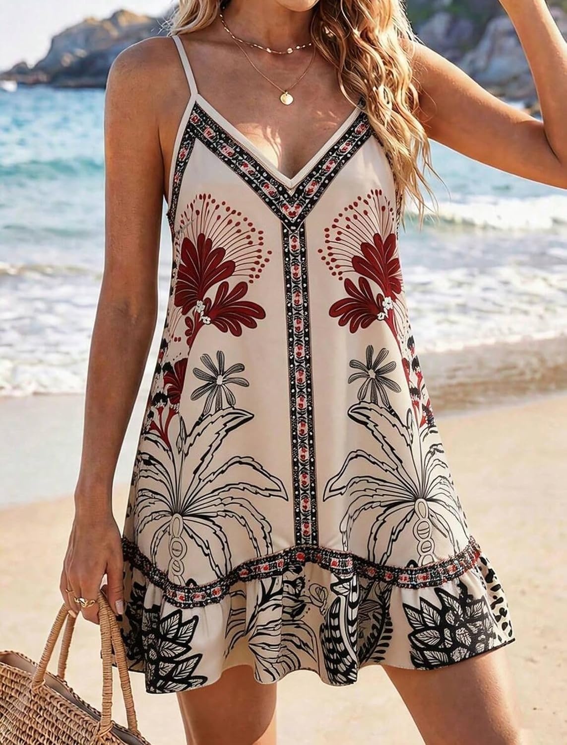 image:imageZAFUL Womens Floral Print Spaghetti Strap V Neck Boho Cami DressesKhaki