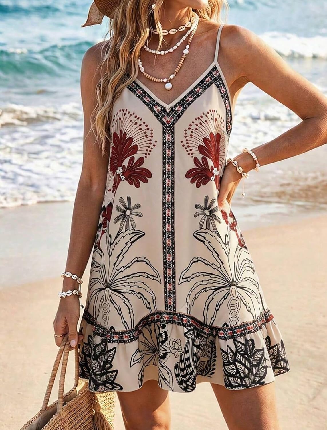 image:imageZAFUL Womens Floral Print Spaghetti Strap V Neck Boho Cami DressesKhaki