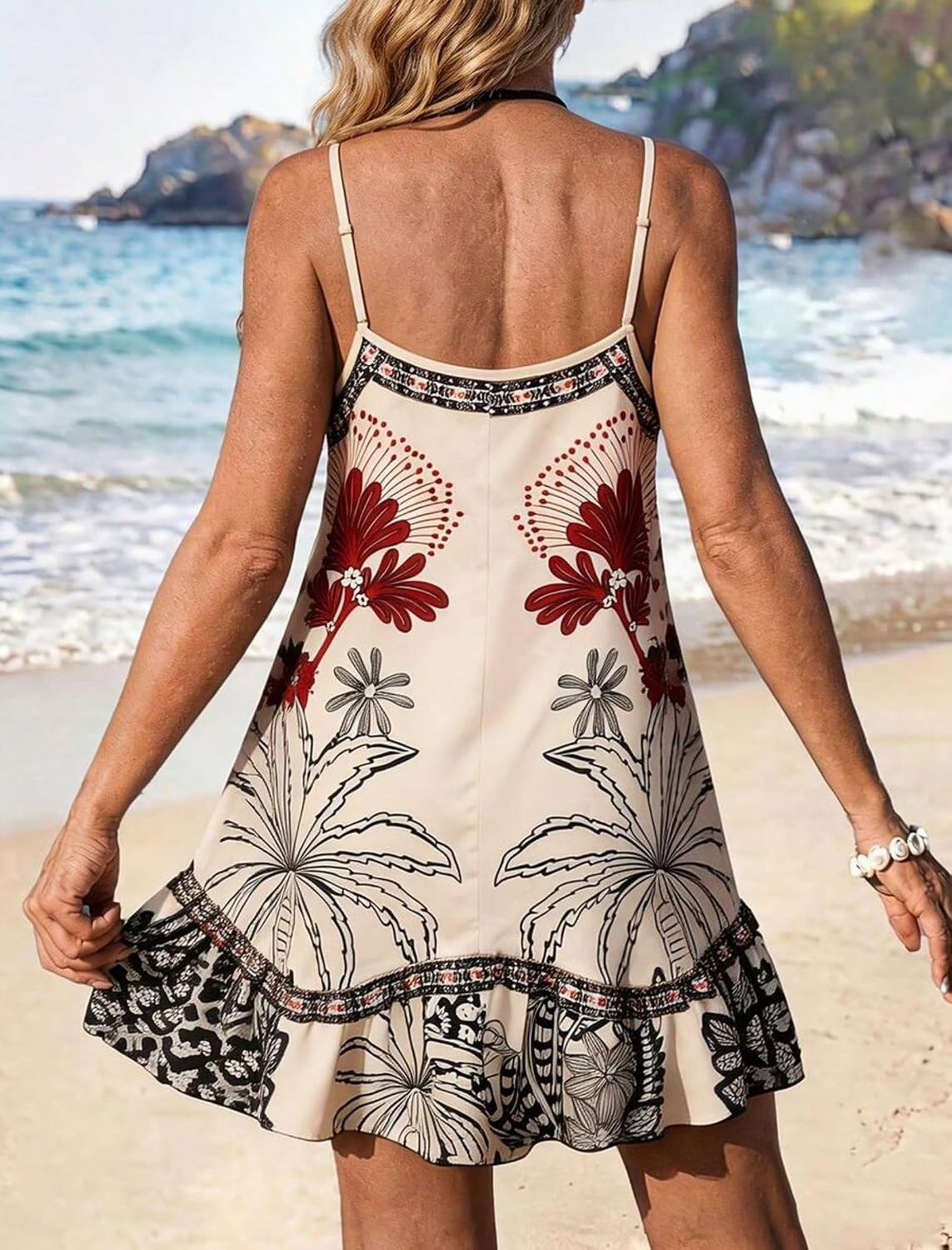 image:imageZAFUL Womens Floral Print Spaghetti Strap V Neck Boho Cami DressesKhaki