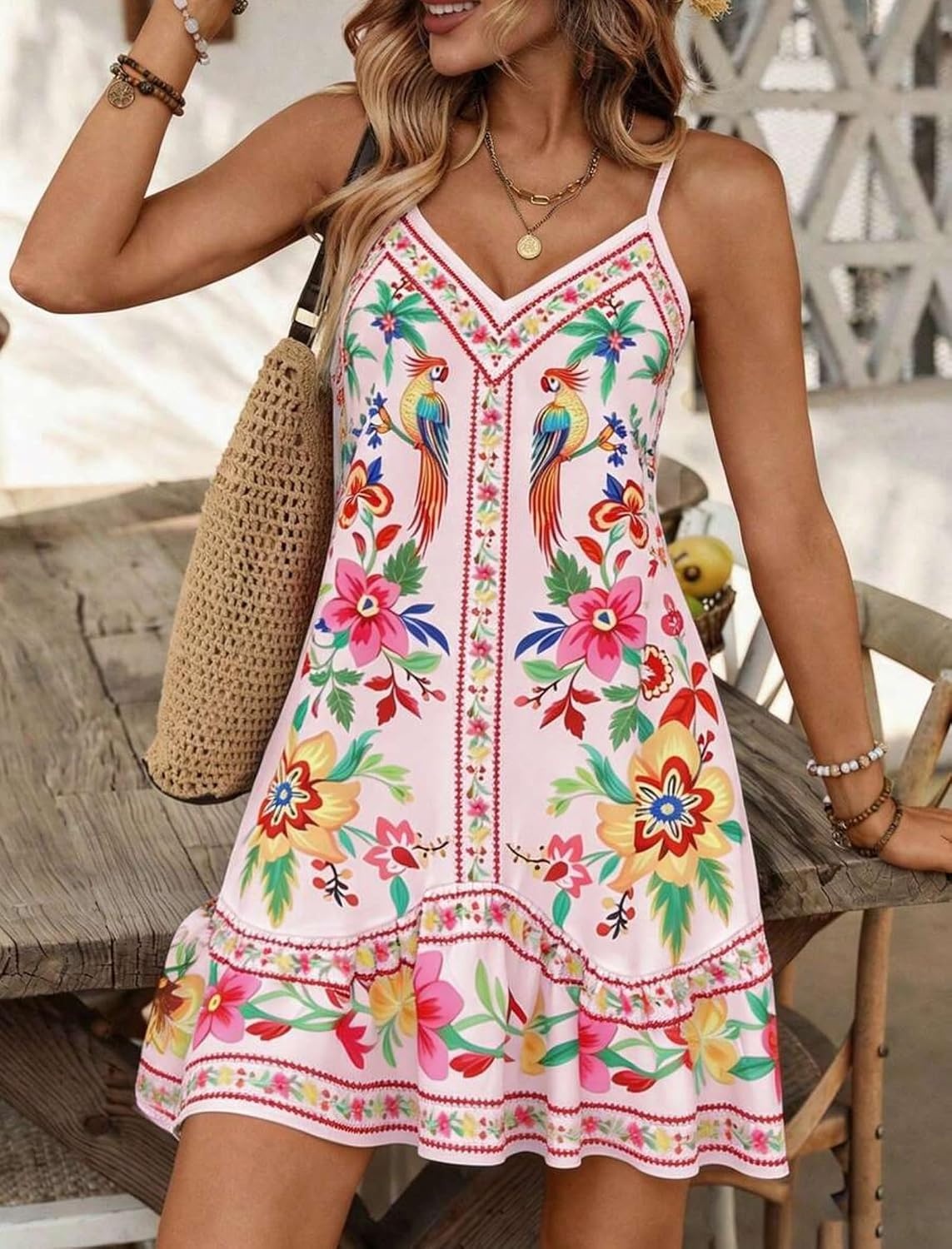 image:imageZAFUL Womens Floral Print Spaghetti Strap V Neck Boho Cami DressesLight Pink