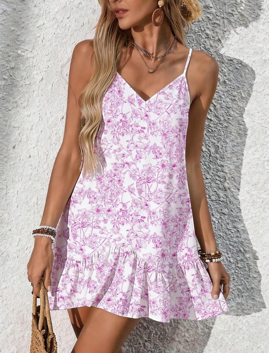 image:imageZAFUL Womens Floral Print Spaghetti Strap V Neck Boho Cami DressesPink