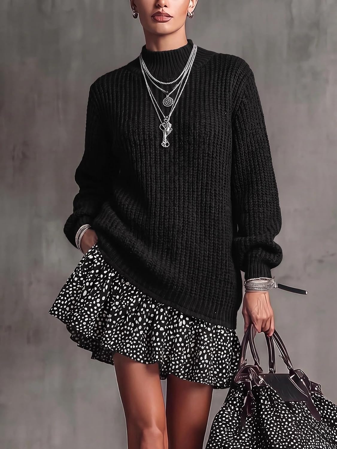 image:imageZAFUL Womens High Neck Long Sleeve Ribbed Knit Midi Sweater Dress0black