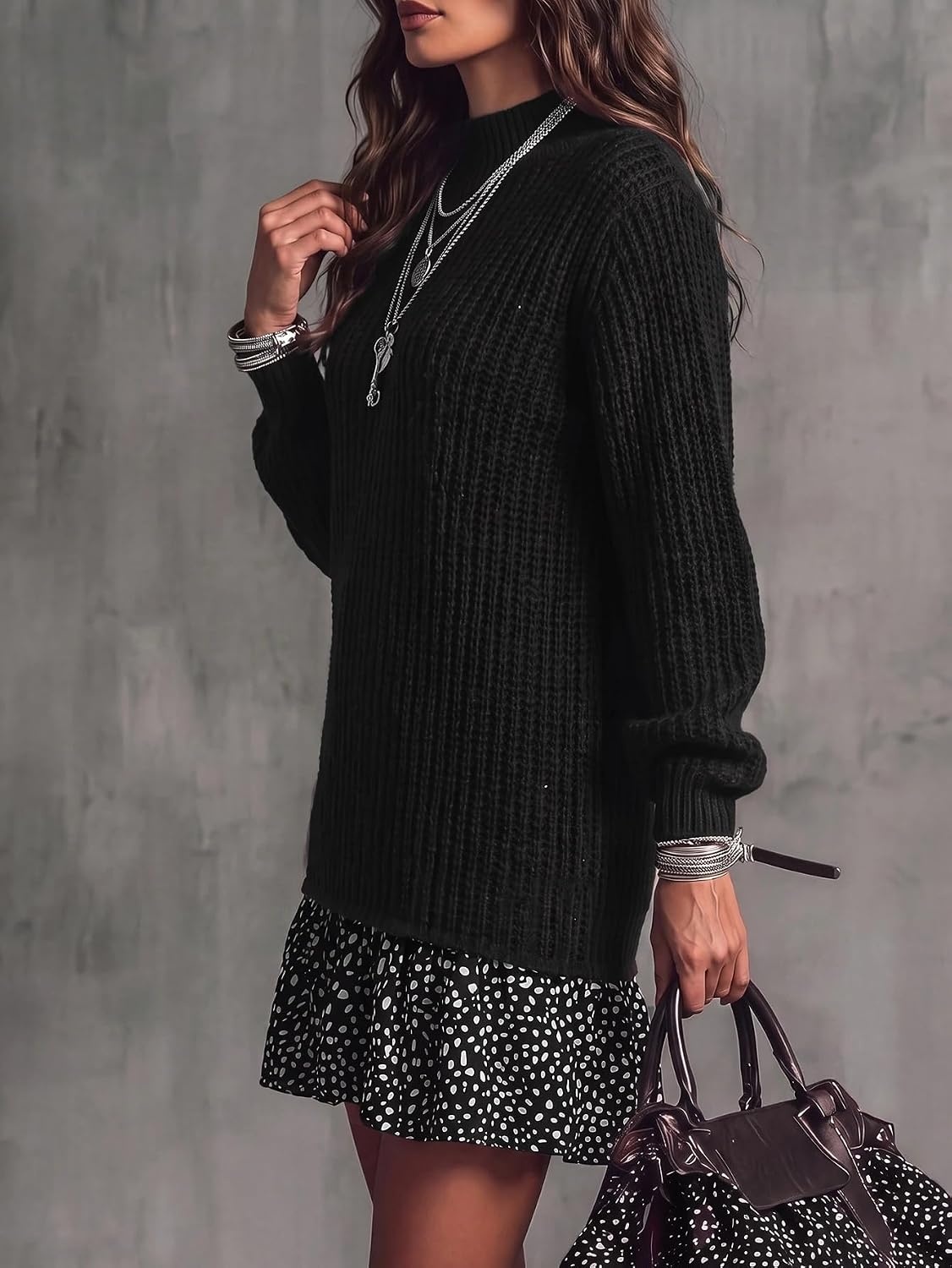 image:imageZAFUL Womens High Neck Long Sleeve Ribbed Knit Midi Sweater Dress0black