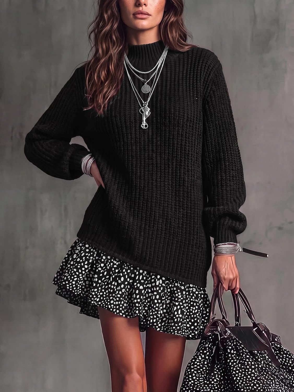 image:imageZAFUL Womens High Neck Long Sleeve Ribbed Knit Midi Sweater Dress0black