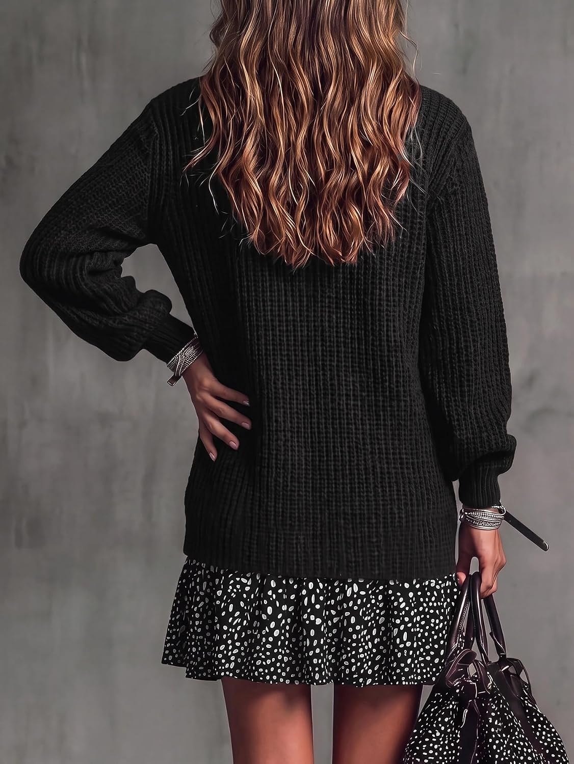 image:imageZAFUL Womens High Neck Long Sleeve Ribbed Knit Midi Sweater Dress0black