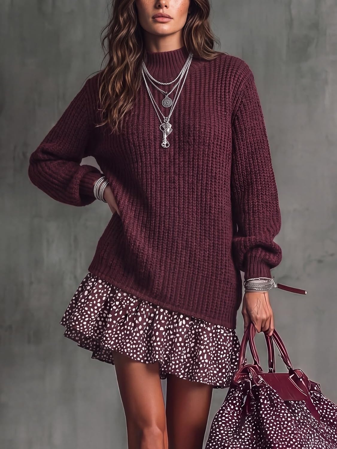 image:imageZAFUL Womens High Neck Long Sleeve Ribbed Knit Midi Sweater Dress0burgundy